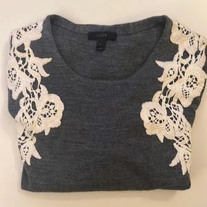 J.Crew Grey Merino Wool Blend Sweater w/ Lace Appliqué - Size Large